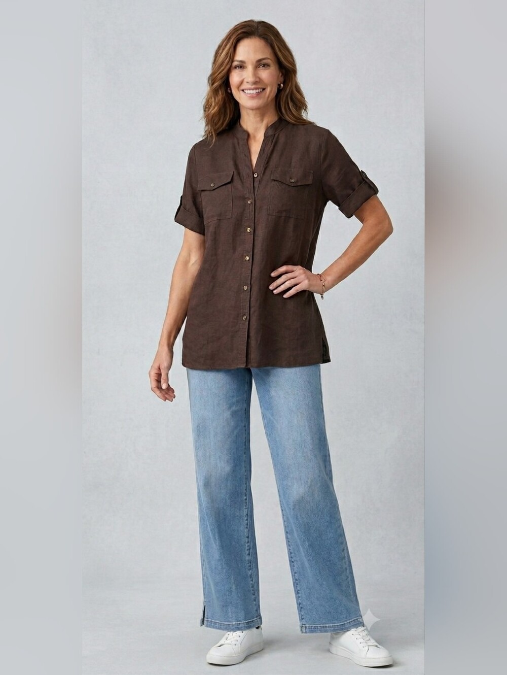 Chicos 100% Linen Utility Shirt Brown Button Front Size 1 US 8 Medium NWOT